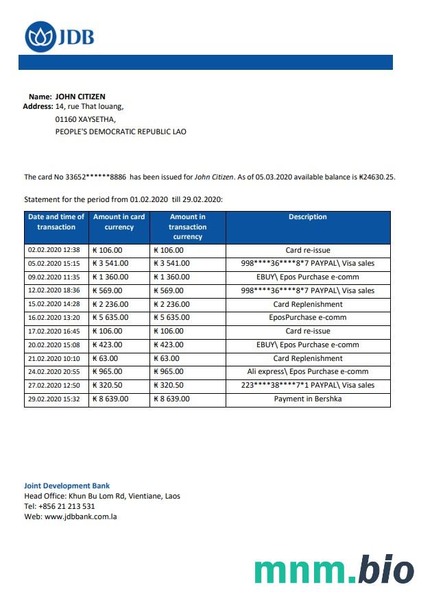 Laos Joint Development Bank (JDB) oświadczenie łatwe do wypełnienia szablonu .xls i .format pliku pdf